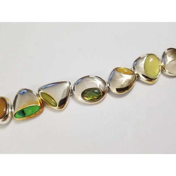 Seven inch silvertone bracelet with inlay stones green yellow b45 - Picture 7 of 11